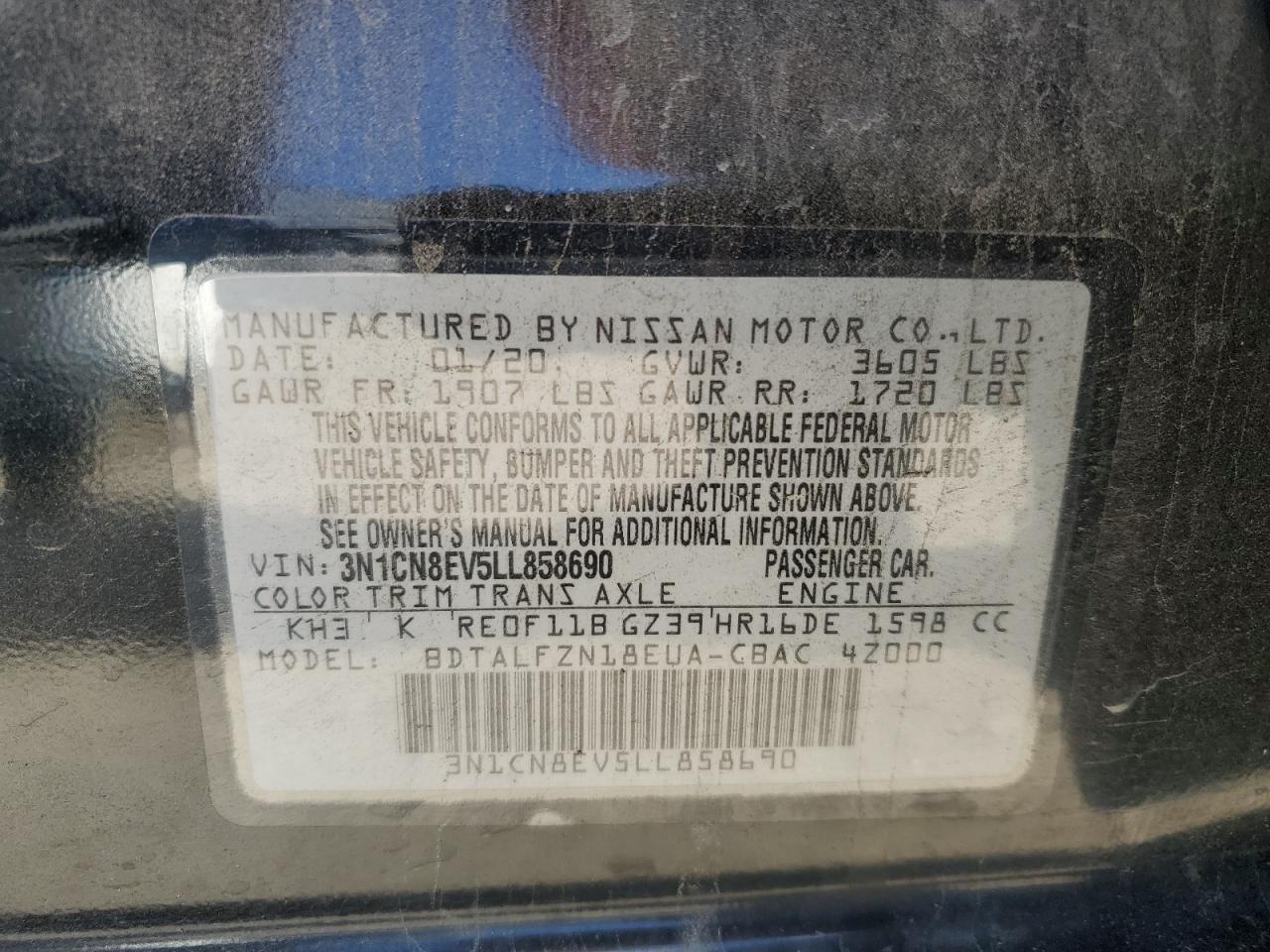 3N1CN8EV5LL858690 2020 Nissan Versa Sv