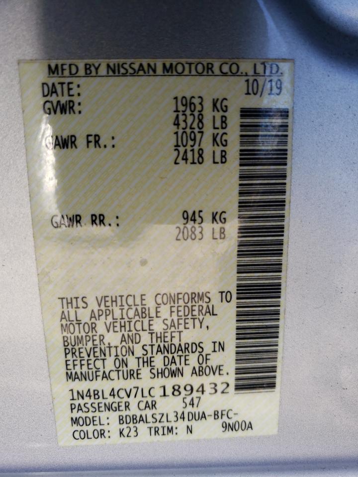 2020 Nissan Altima Sr VIN: 1N4BL4CV7LC189432 Lot: 78948343