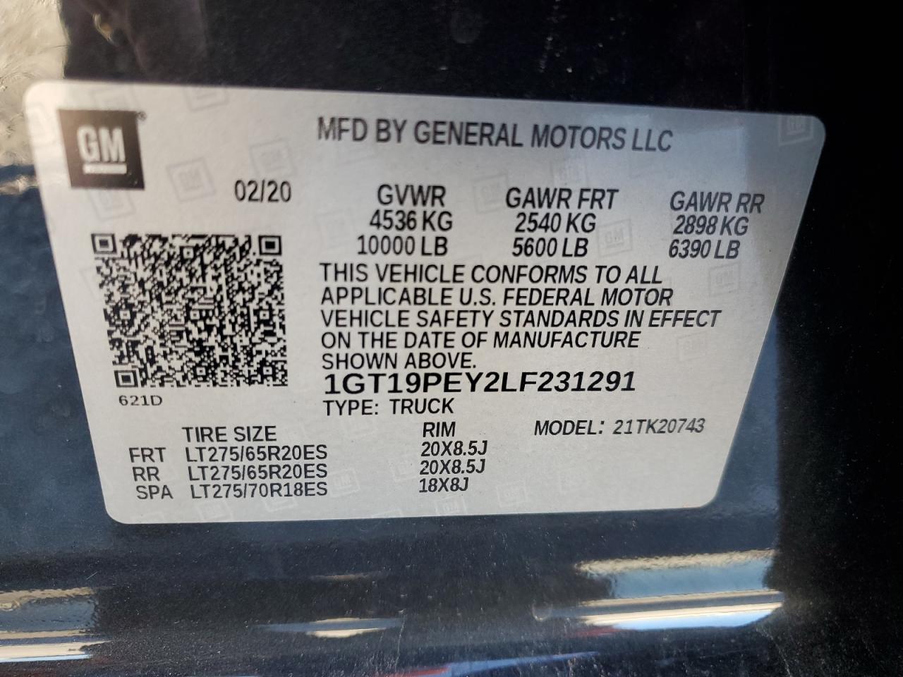 2020 GMC Sierra K2500 At4 VIN: 1GT19PEY2LF231291 Lot: 78924703