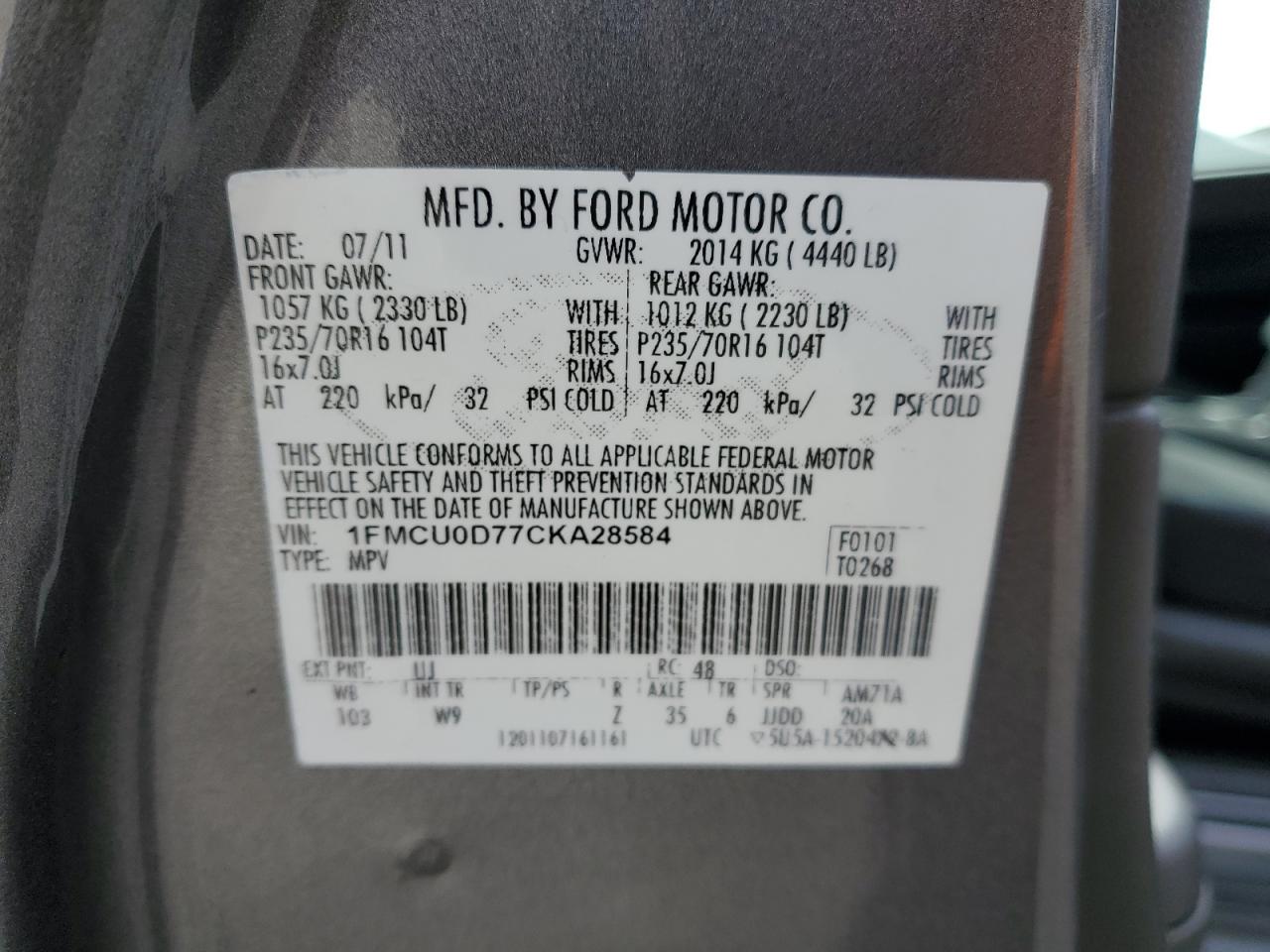 2012 Ford Escape Xlt VIN: 1FMCU0D77CKA28584 Lot: 82239023