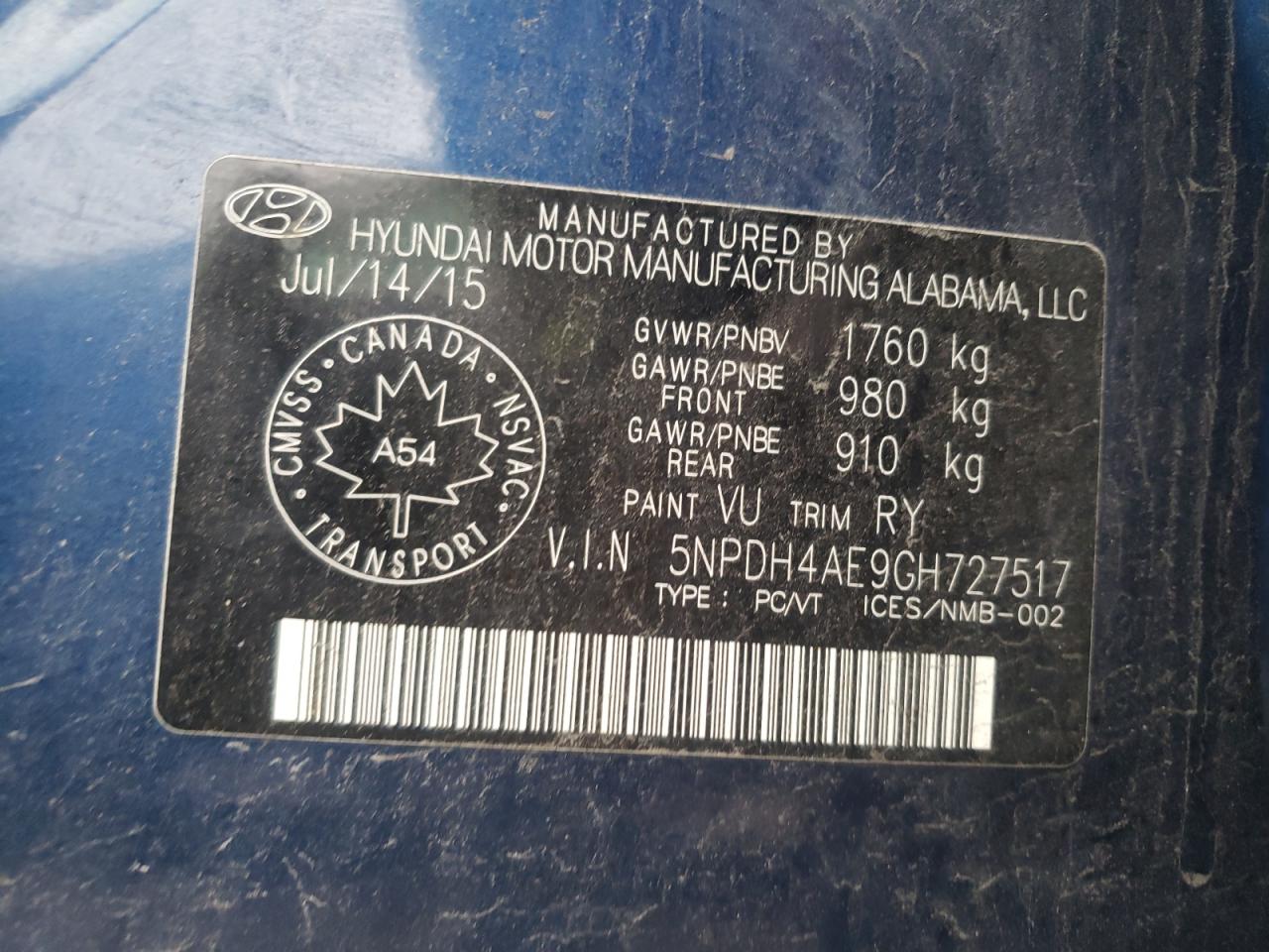 2016 Hyundai Elantra Se VIN: 5NPDH4AE9GH727517 Lot: 78468943