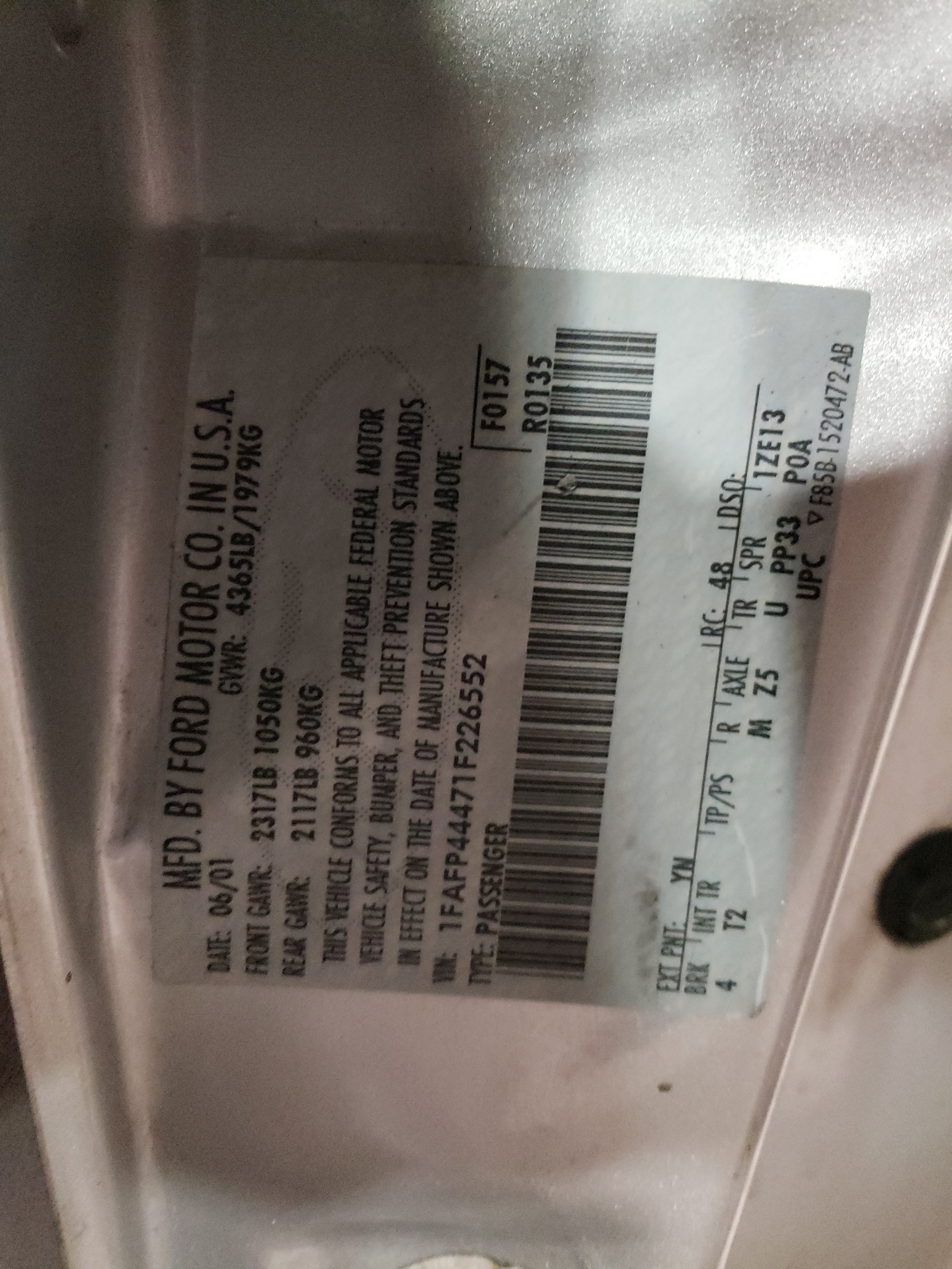 1FAFP44471F226552 2001 Ford Mustang