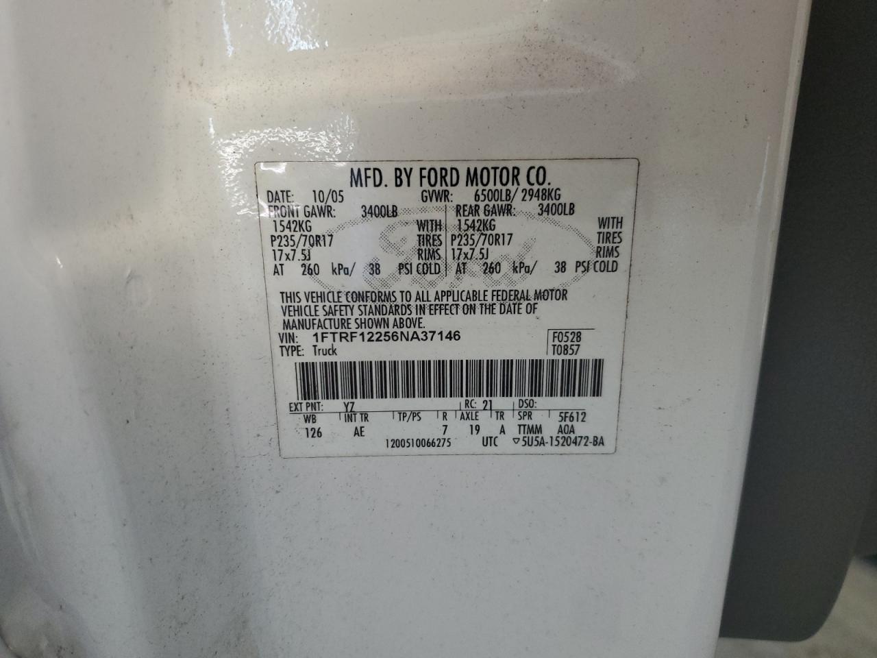 2006 Ford F150 VIN: 1FTRF12256NA37146 Lot: 80403263