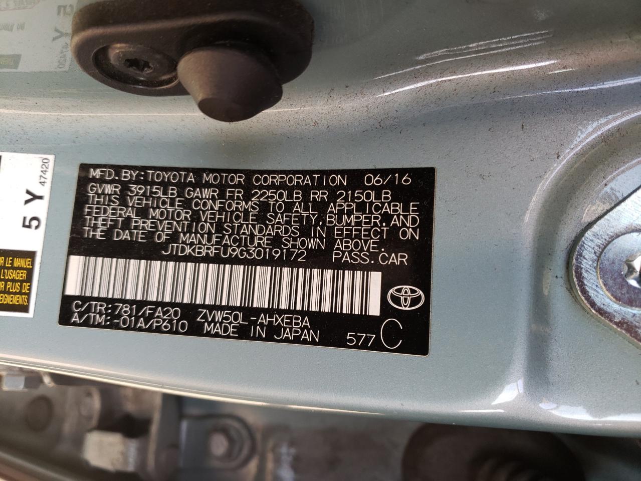 JTDKBRFU9G3019172 2016 Toyota Prius