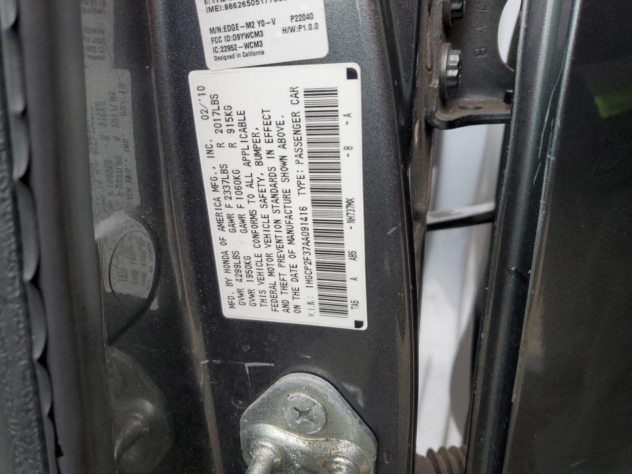2010 Honda Accord Lx VIN: 1HGCP2F37AA091416 Lot: 82269273