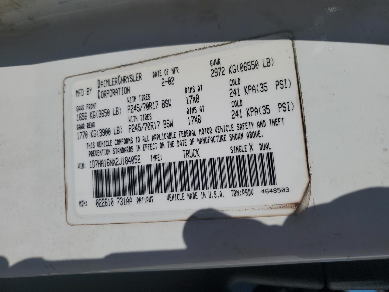 2002 Dodge Ram 1500 VIN: 1D7HA16NX2J184052 Lot: 80855573