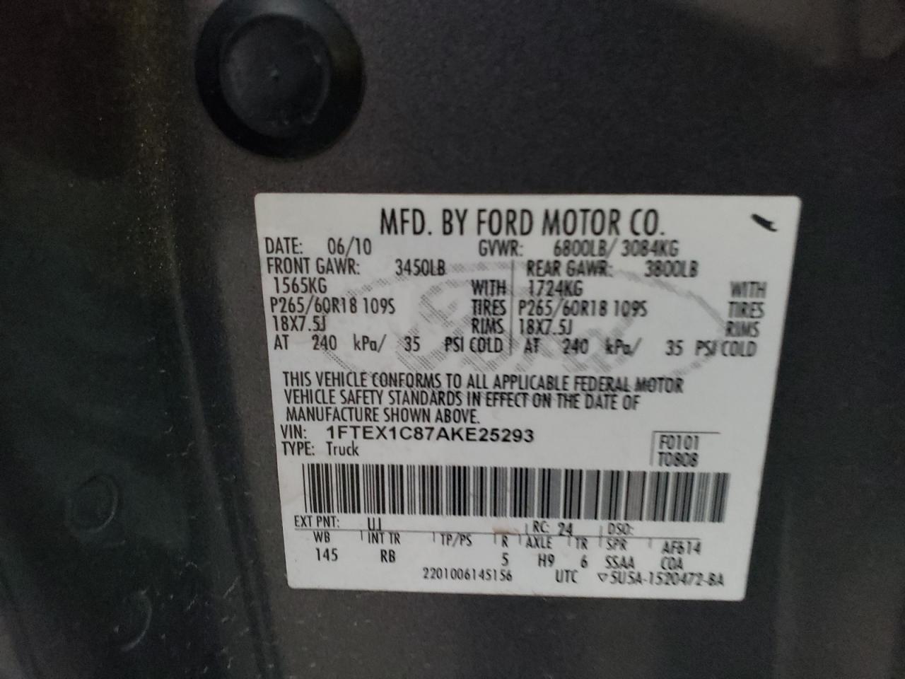 1FTEX1C87AKE25293 2010 Ford F150 Super Cab