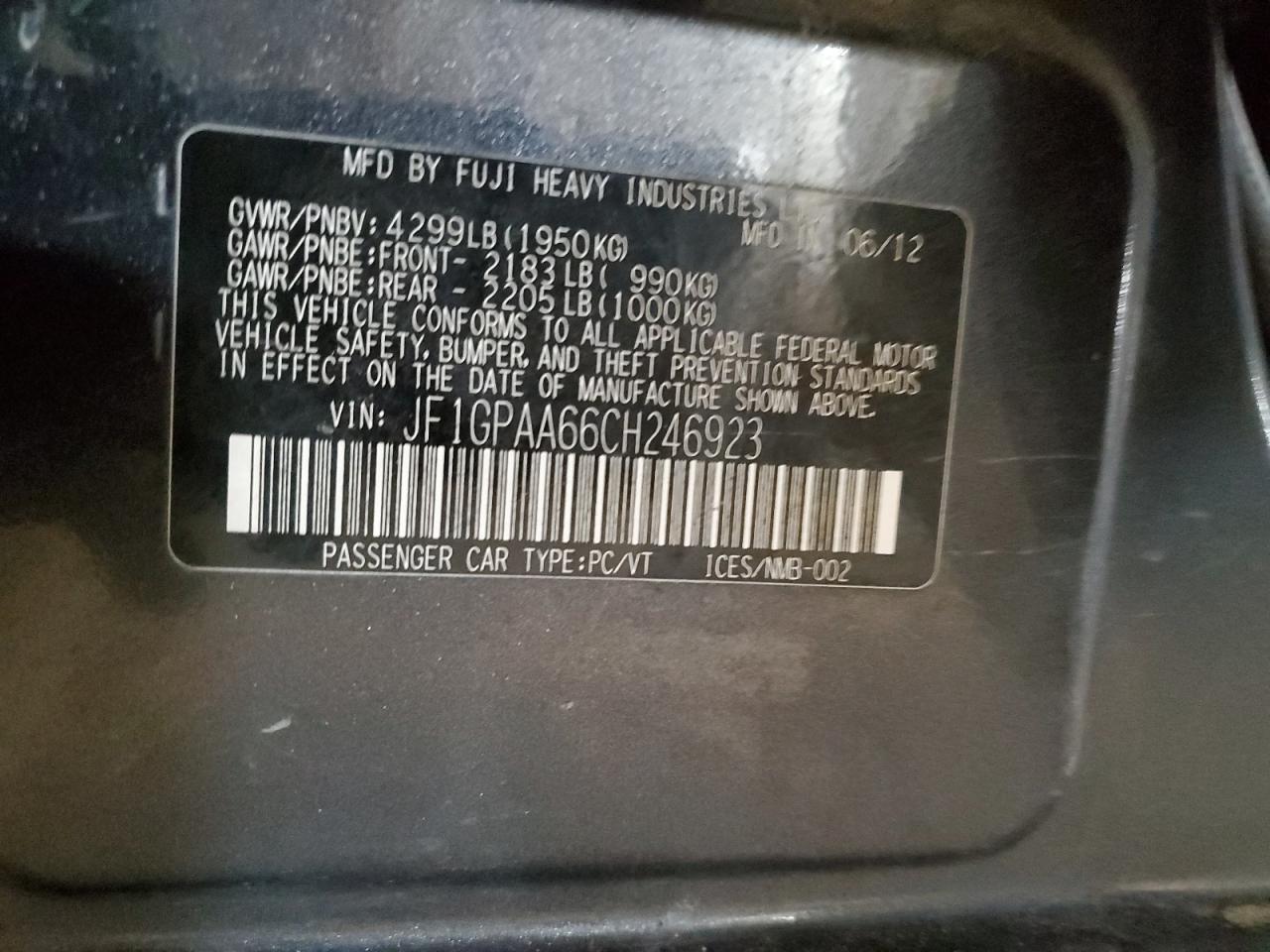 2012 Subaru Impreza VIN: JF1GPAA66CH246923 Lot: 82521783