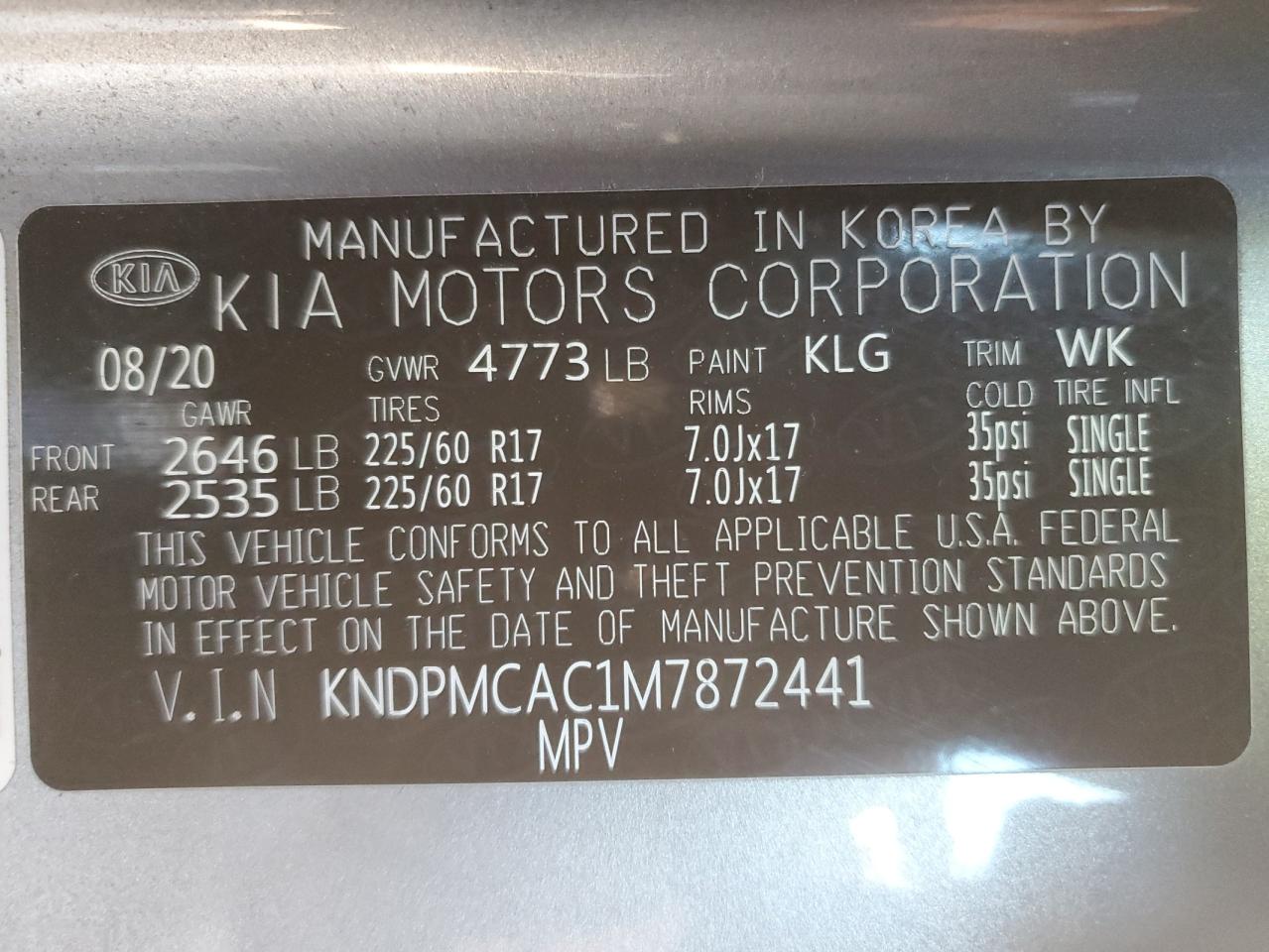 KNDPMCAC1M7872441 2021 Kia Sportage Lx