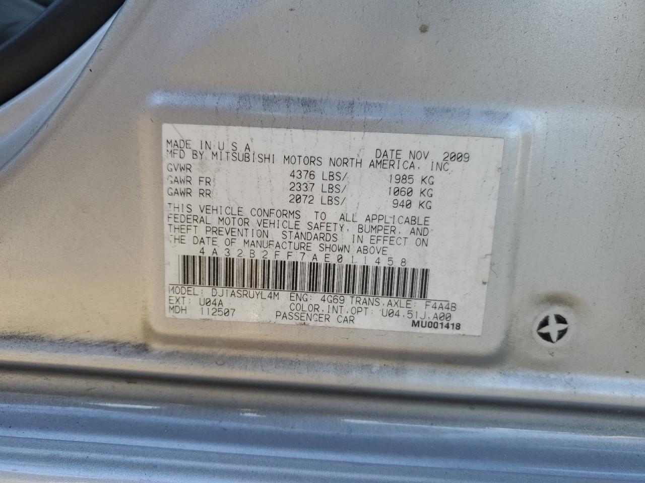 2010 Mitsubishi Galant Fe VIN: 4A32B2FF7AE011458 Lot: 80685743