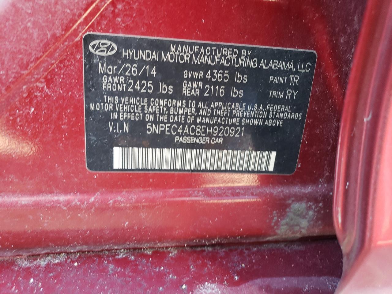 5NPEC4AC8EH920921 2014 Hyundai Sonata Se