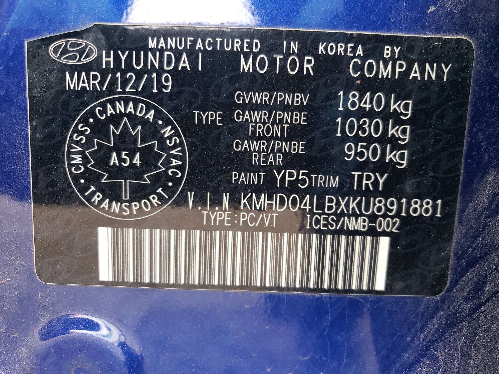 KMHD04LBXKU891881 2019 Hyundai Elantra Sport