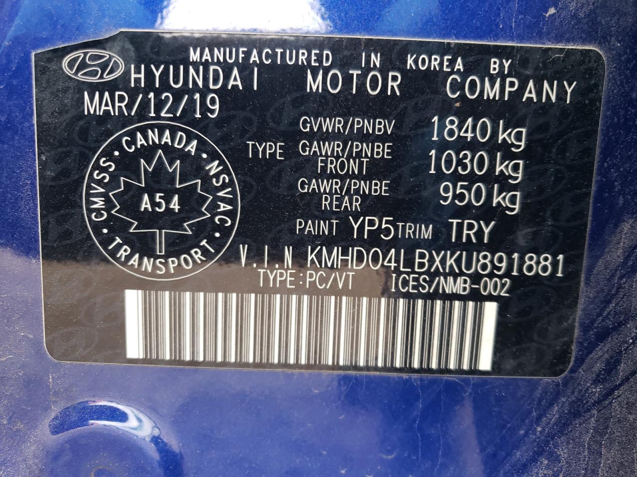 2019 Hyundai Elantra Sport VIN: KMHD04LBXKU891881 Lot: 80460013