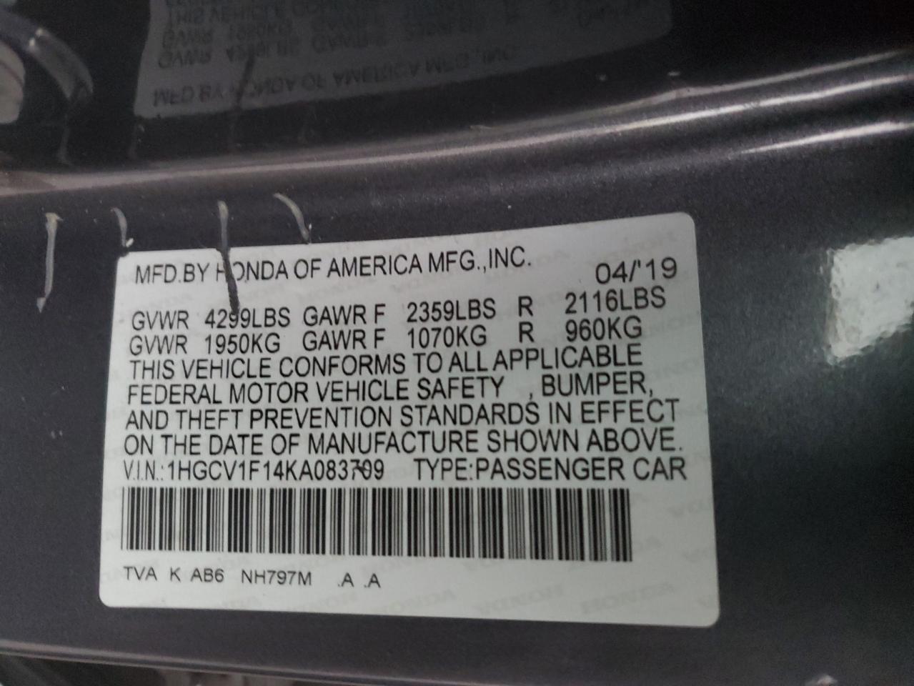 1HGCV1F14KA083709 2019 Honda Accord Lx