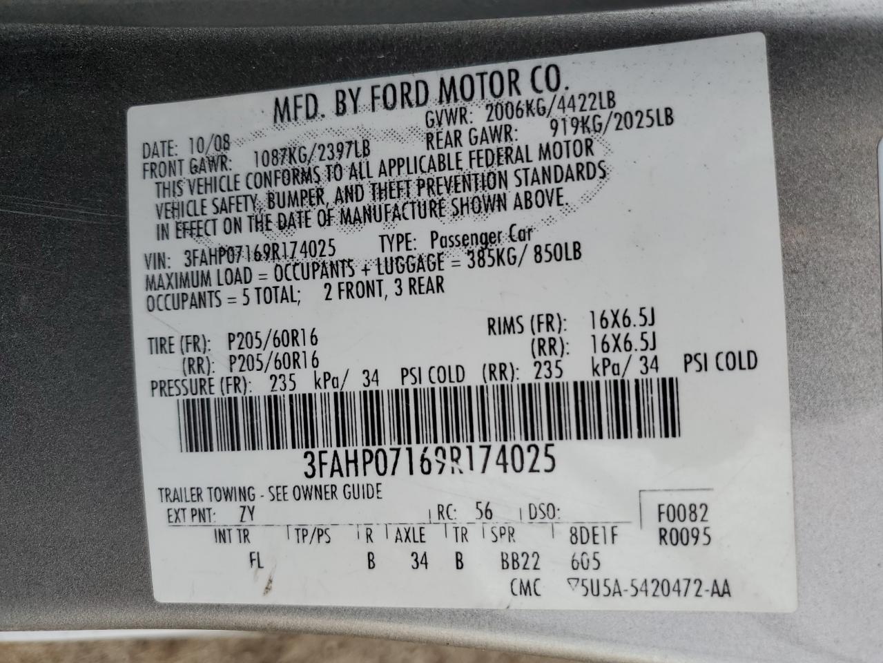 2009 Ford Fusion Se VIN: 3FAHP07169R174025 Lot: 82788753