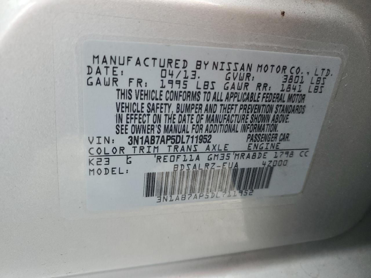 3N1AB7AP5DL711952 2013 Nissan Sentra S