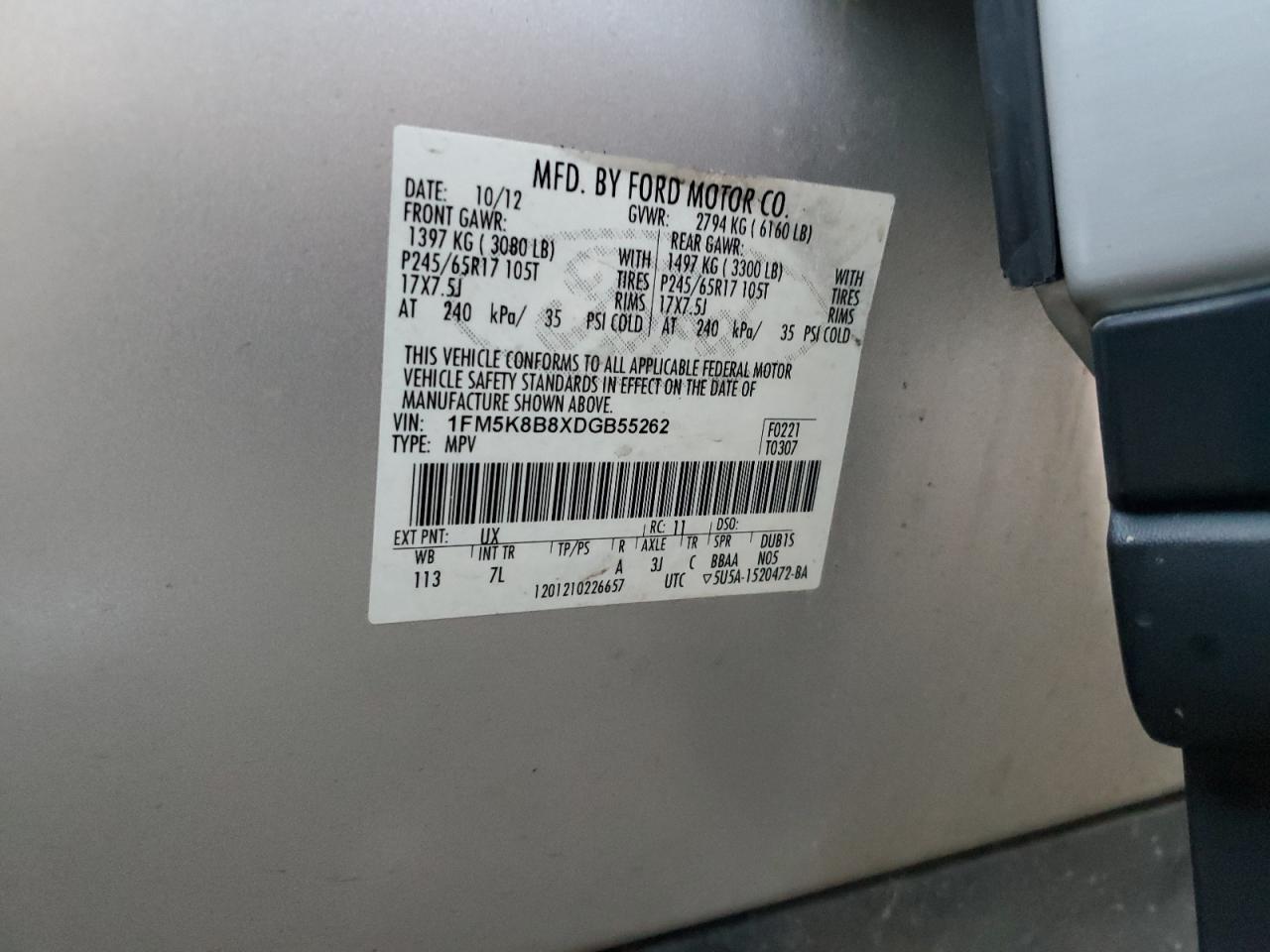 2013 Ford Explorer VIN: 1FM5K8B8XDGB55262 Lot: 52288024