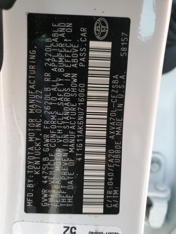 2022 Toyota Camry Se VIN: 4T1G11AK6NU716060 Lot: 71606755