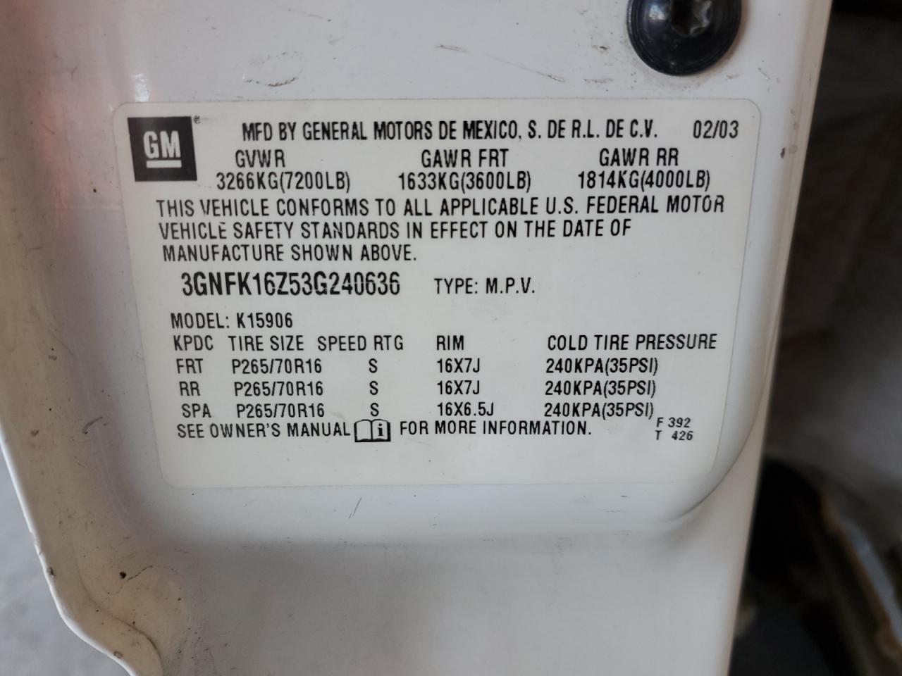 2003 Chevrolet Suburban K1500 VIN: 3GNFK16Z53G240636 Lot: 80737593