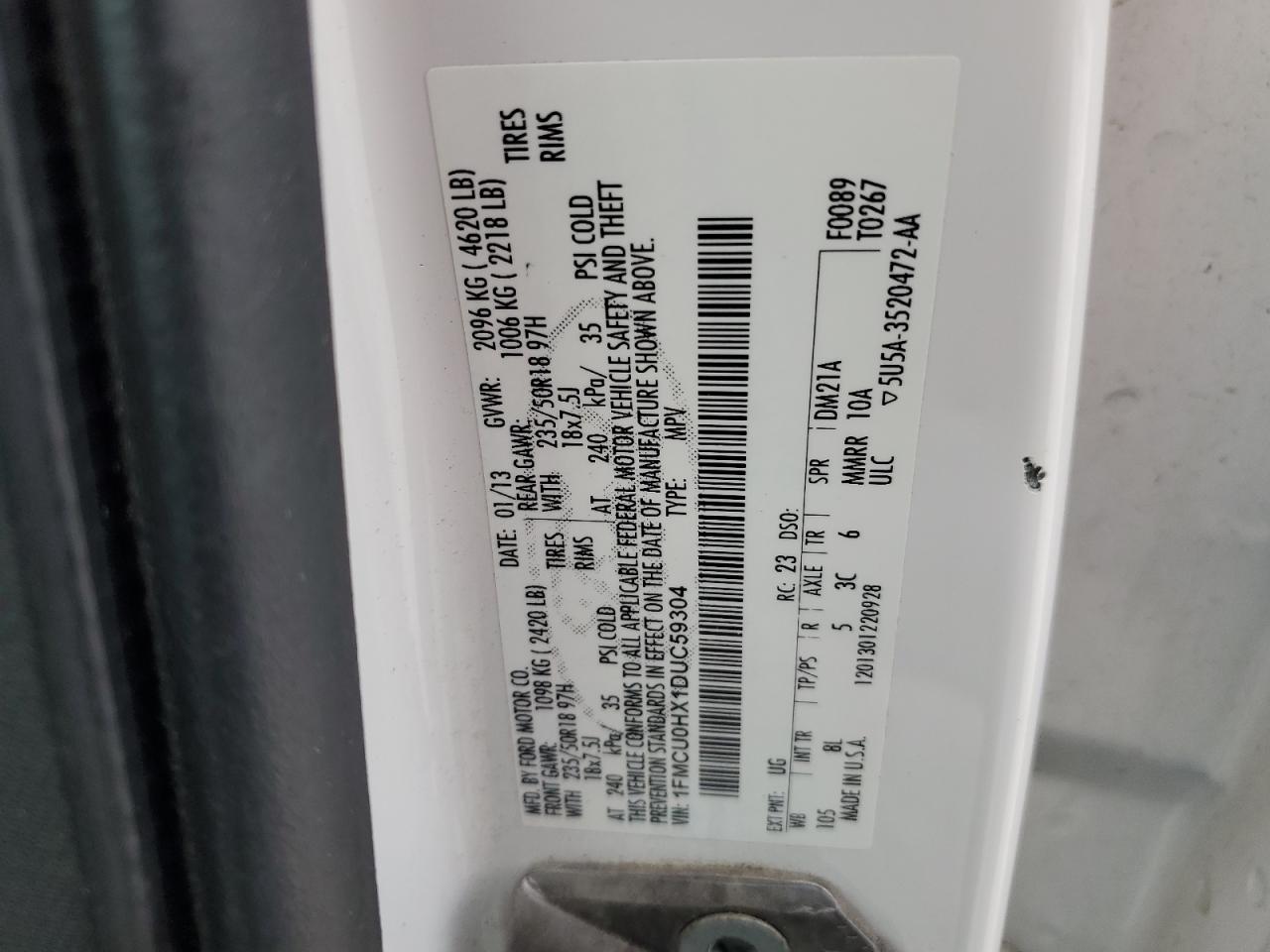 2013 Ford Escape Sel VIN: 1FMCU0HX1DUC59304 Lot: 78828043