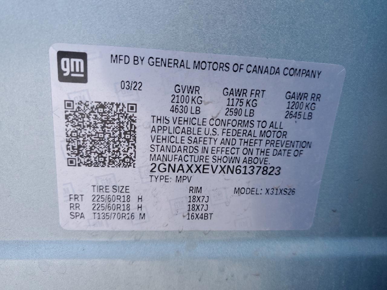 2GNAXXEVXN6137823 2022 Chevrolet Equinox Premier