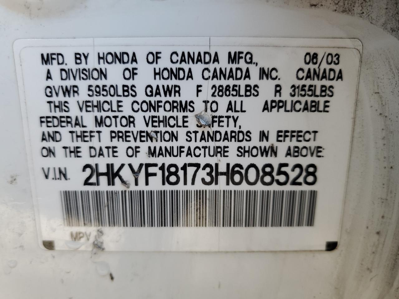 2HKYF18173H608528 2003 Honda Pilot Lx