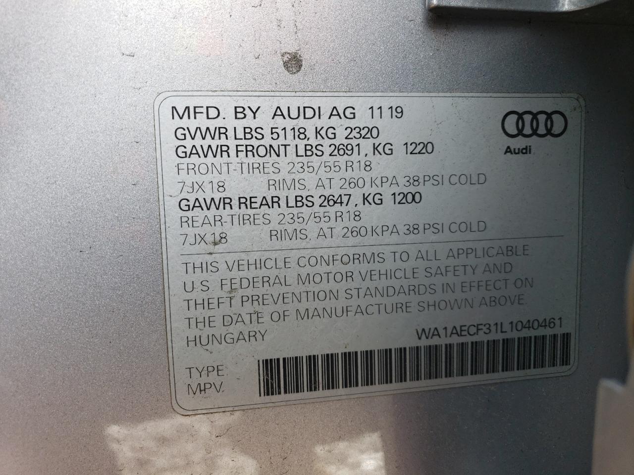 WA1AECF31L1040461 2020 Audi Q3 Premium