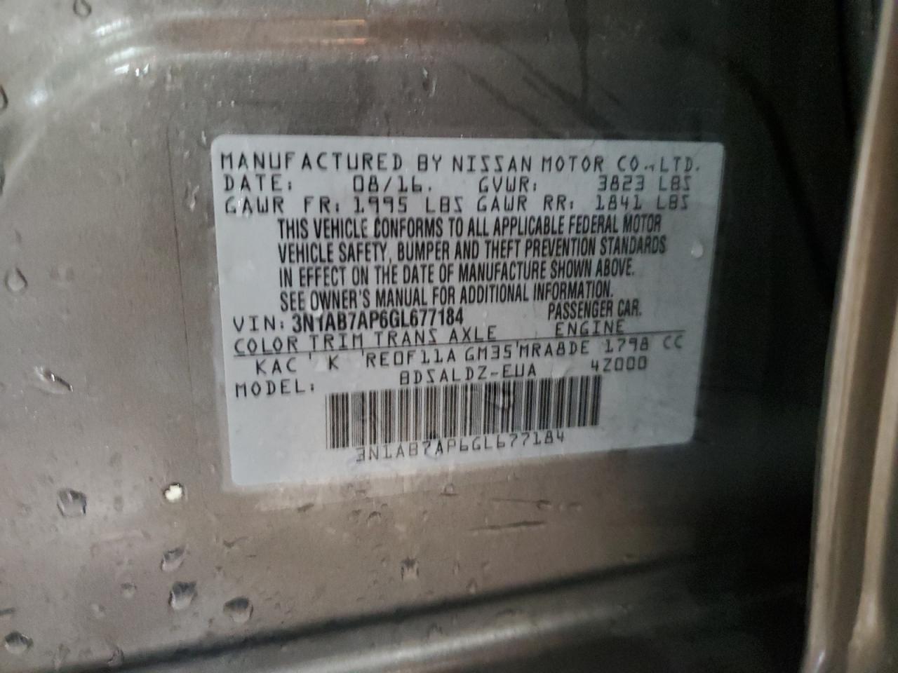 3N1AB7AP6GL677184 2016 Nissan Sentra S