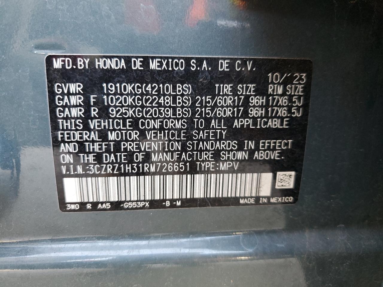 VIN 3CZRZ1H31RM726651 2024 HONDA HR-V no.13