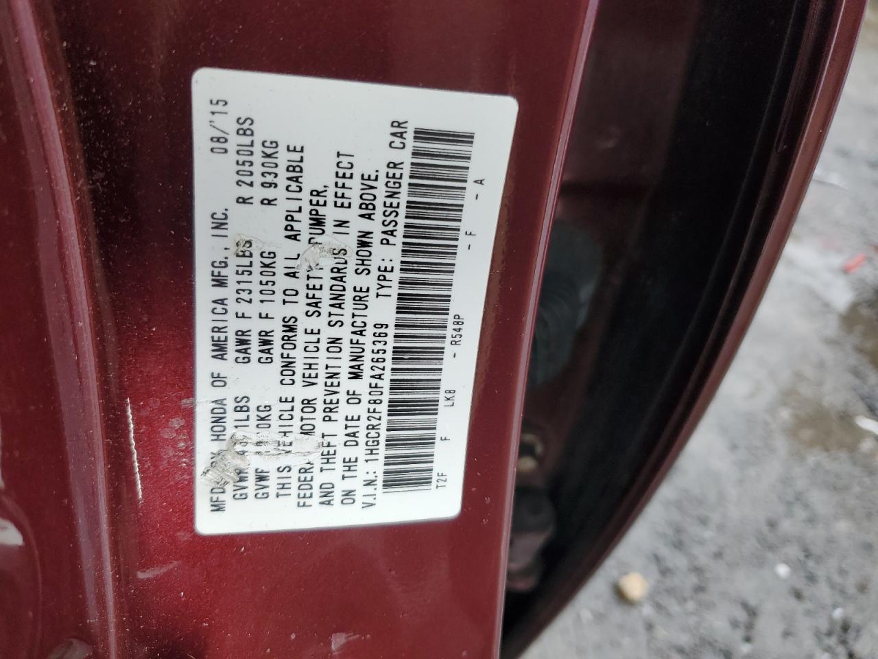 VIN 1HGCR2F80FA265369 2015 HONDA ACCORD no.12