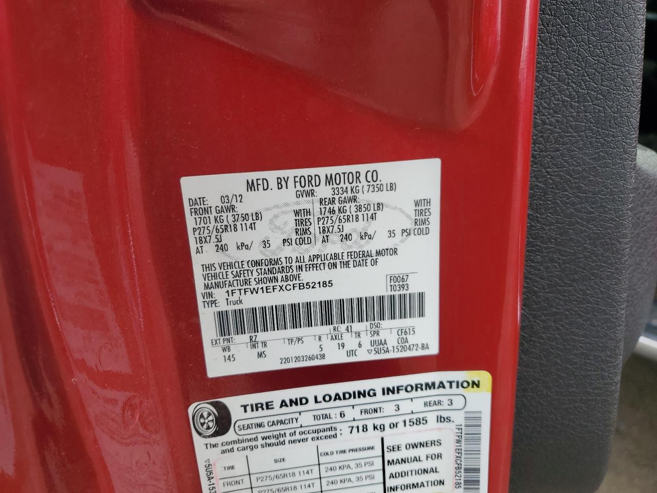 2012 Ford F150 Supercrew VIN: 1FTFW1EFXCFB52185 Lot: 86489094