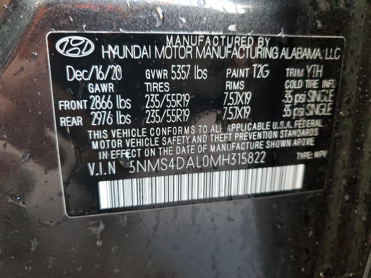 5NMS4DAL0MH315822 HYUNDAI SANTA FE 2021