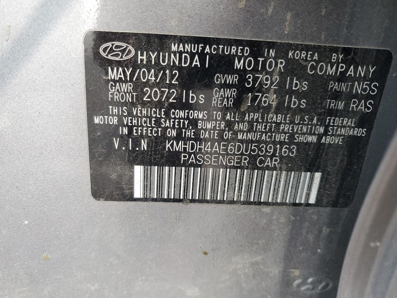 VIN KMHDH4AE6DU539163 2013 HYUNDAI ELANTRA no.12