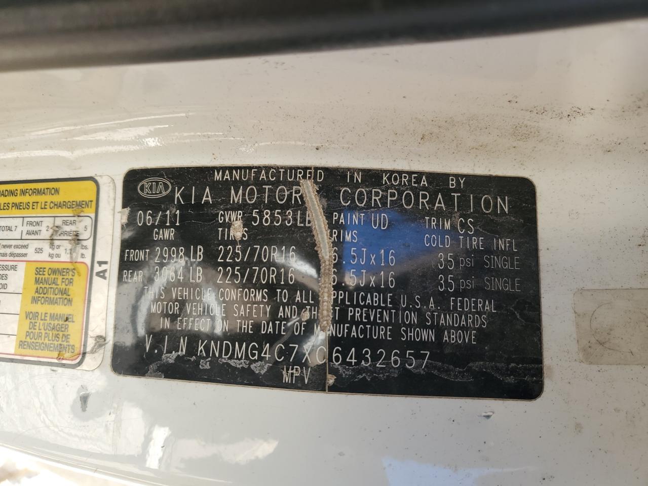 2012 Kia Sedona Lx VIN: KNDMG4C7XC6432657 Lot: 50904225