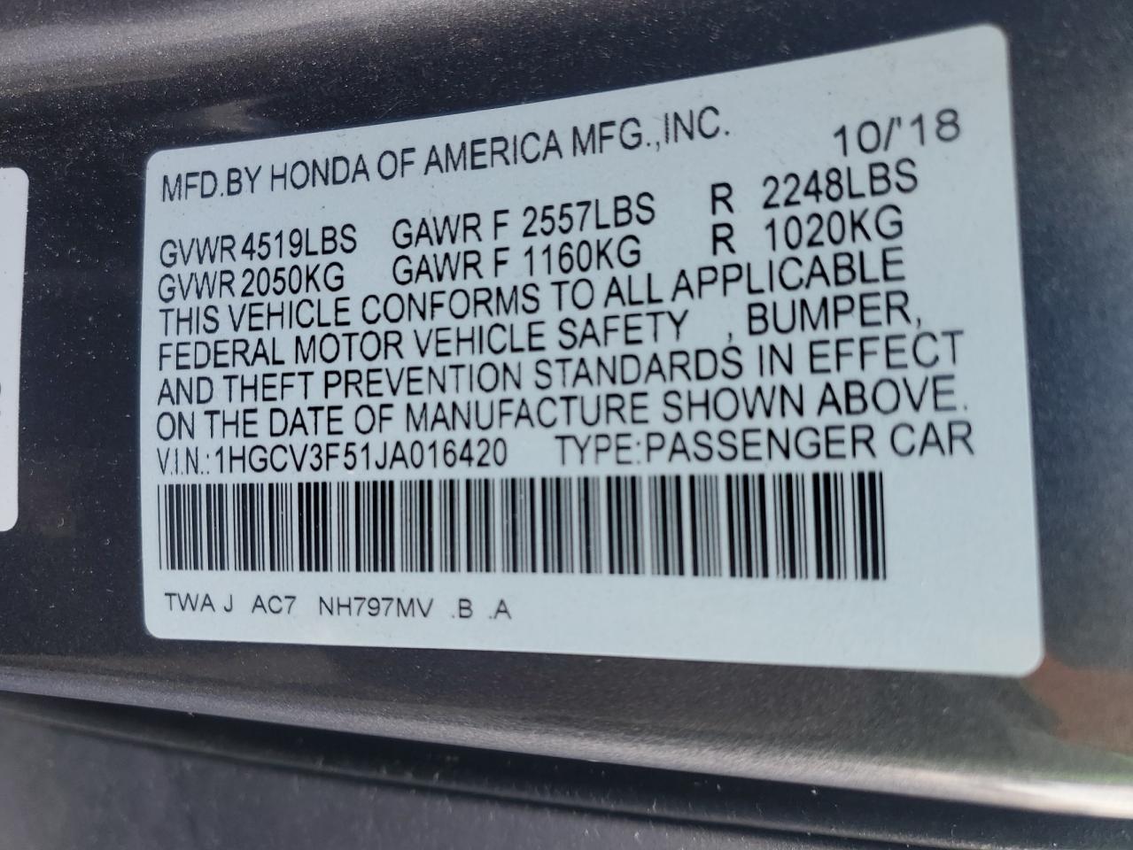 VIN 1HGCV3F51JA016420 2018 HONDA ACCORD no.13