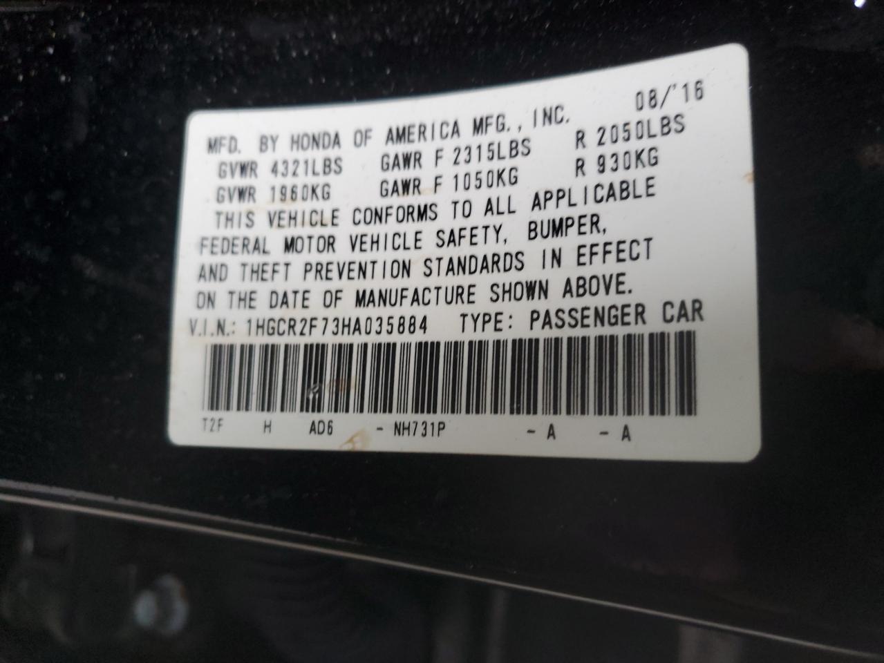 1HGCR2F73HA035884 HONDA ACCORD 2017