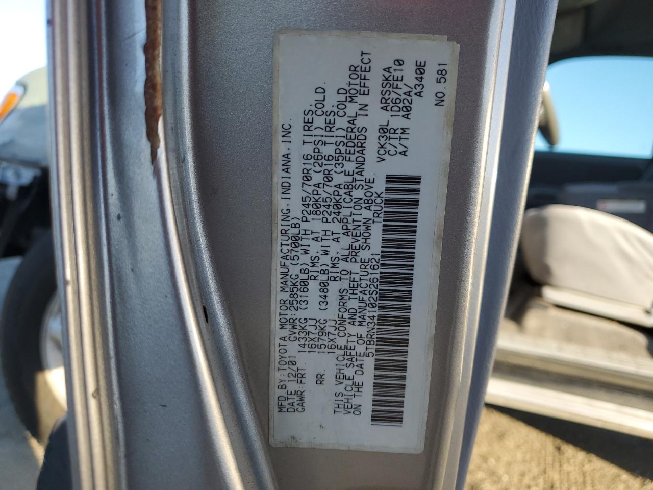 2002 Toyota Tundra Access Cab Sr5 VIN: 5TBRN34102S261621 Lot: 85602234