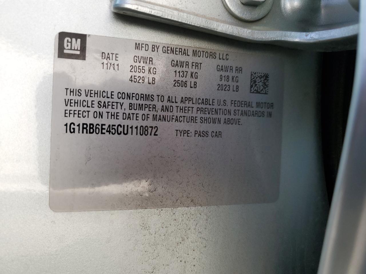 2012 Chevrolet Volt VIN: 1G1RB6E45CU110872 Lot: 86898974