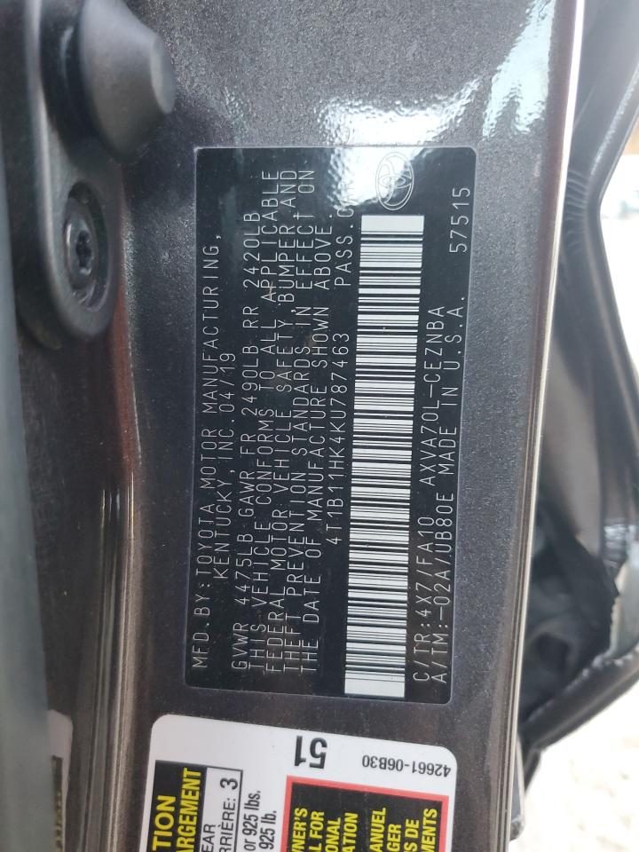 2019 Toyota Camry L VIN: 4T1B11HK4KU787463 Lot: 83447734