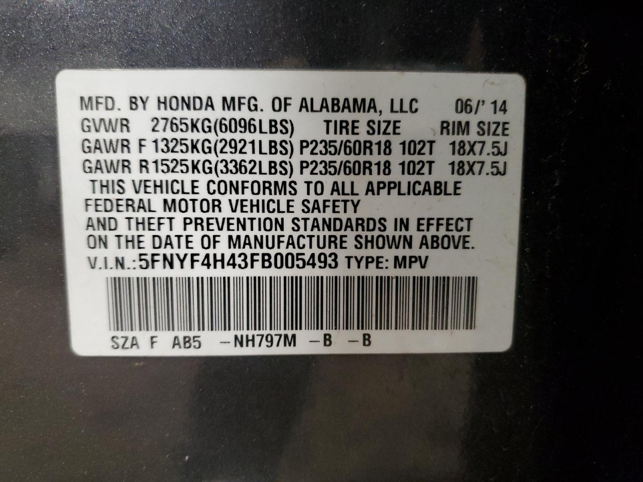 VIN 5FNYF4H43FB005493 2015 HONDA PILOT no.13