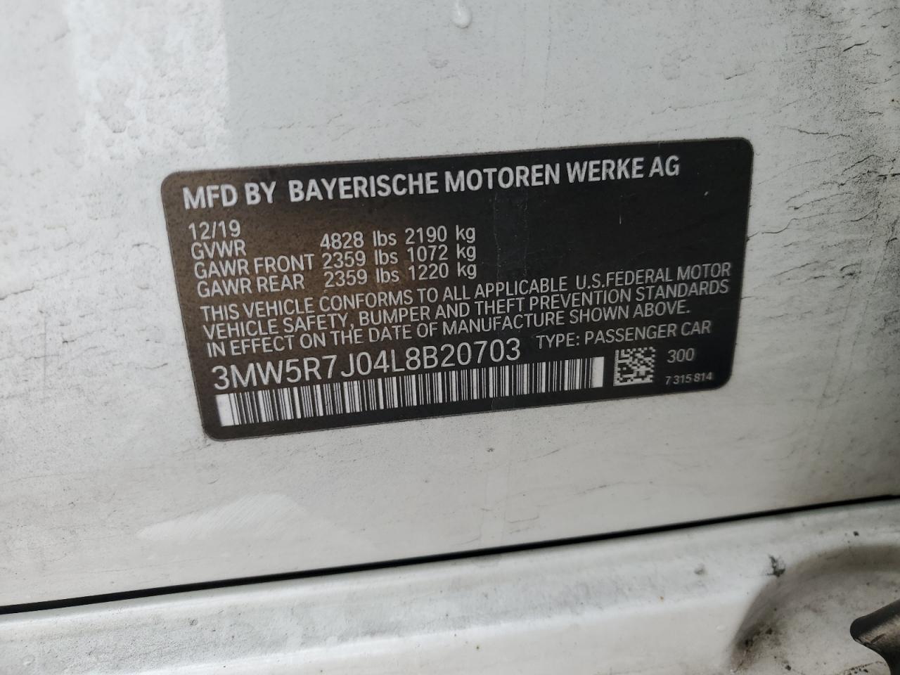 2020 BMW 330Xi VIN: 3MW5R7J04L8B20703 Lot: 86034024