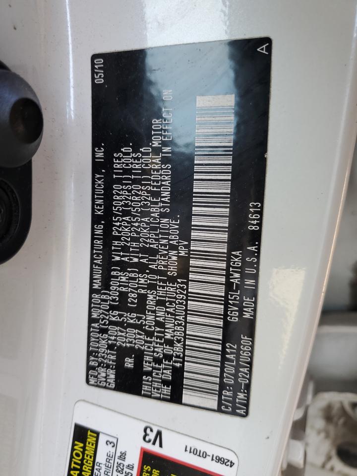 2010 Toyota Venza VIN: 4T3BK3BB3AU039231 Lot: 84190004