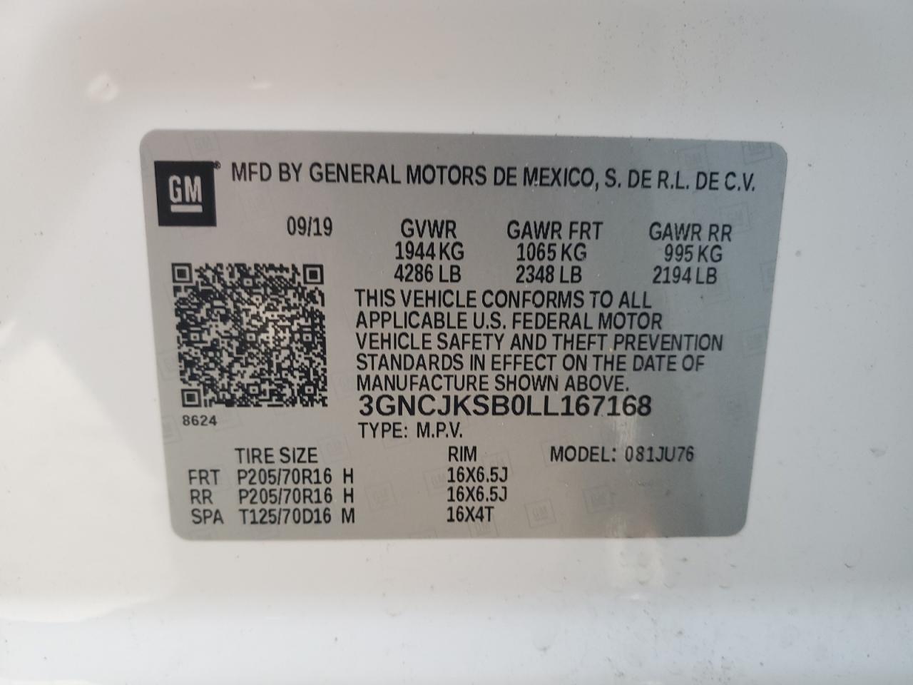 2020 Chevrolet Trax Ls VIN: 3GNCJKSB0LL167168 Lot: 85130564