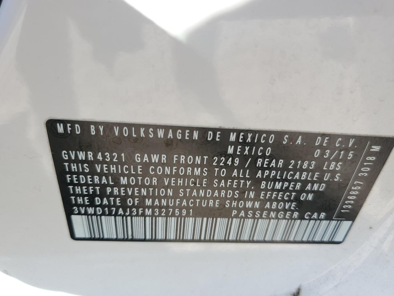 2015 Volkswagen Jetta Se VIN: 3VWD17AJ3FM327591 Lot: 53050075