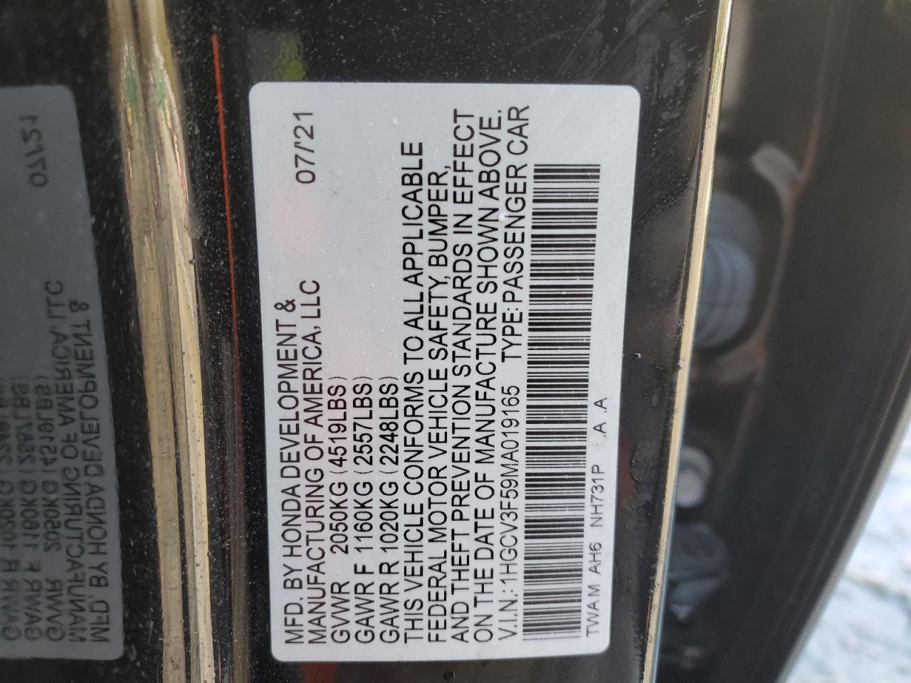 1HGCV3F59MA019165 HONDA ACCORD 2021