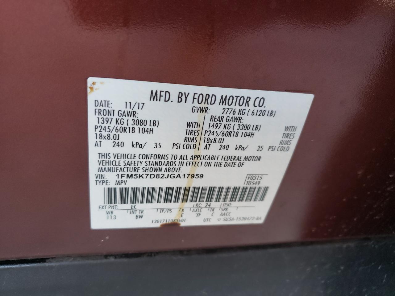 1FM5K7D82JGA17959 FORD EXPLORER 2018