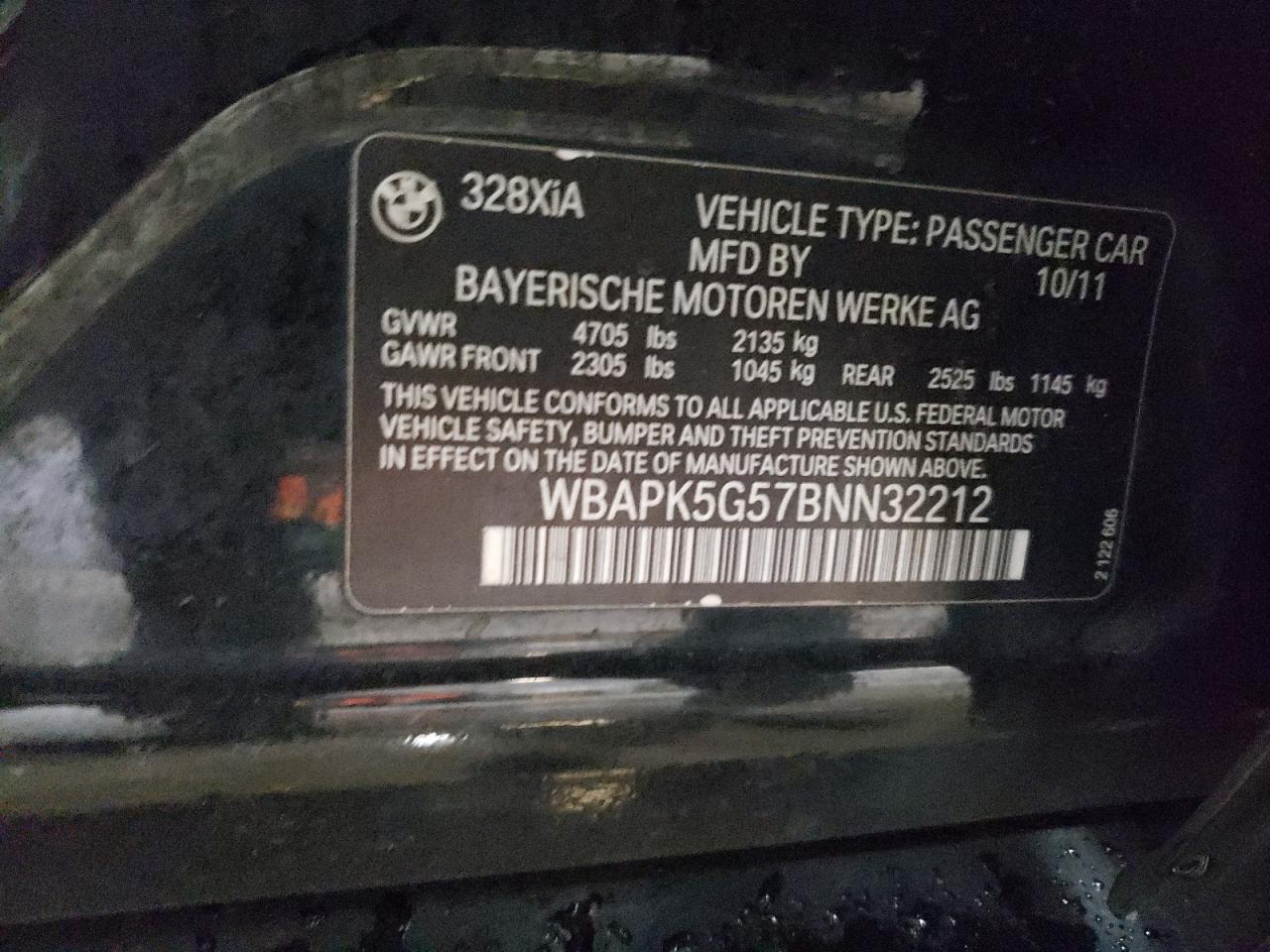 2011 BMW 328 Xi Sulev VIN: WBAPK5G57BNN32212 Lot: 86359964
