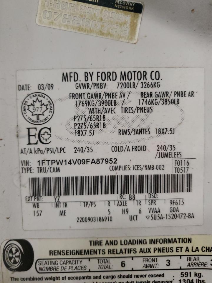 2009 Ford F150 Supercrew VIN: 1FTPW14V09FA87952 Lot: 85031254