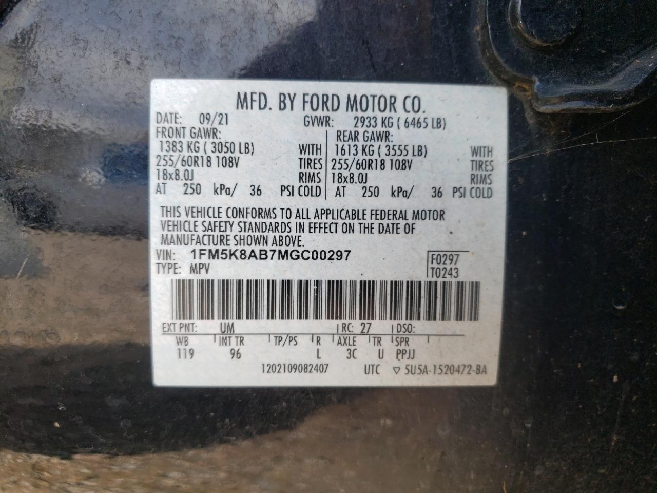 2021 Ford Explorer Police Interceptor VIN: 1FM5K8AB7MGC00297 Lot: 84028884