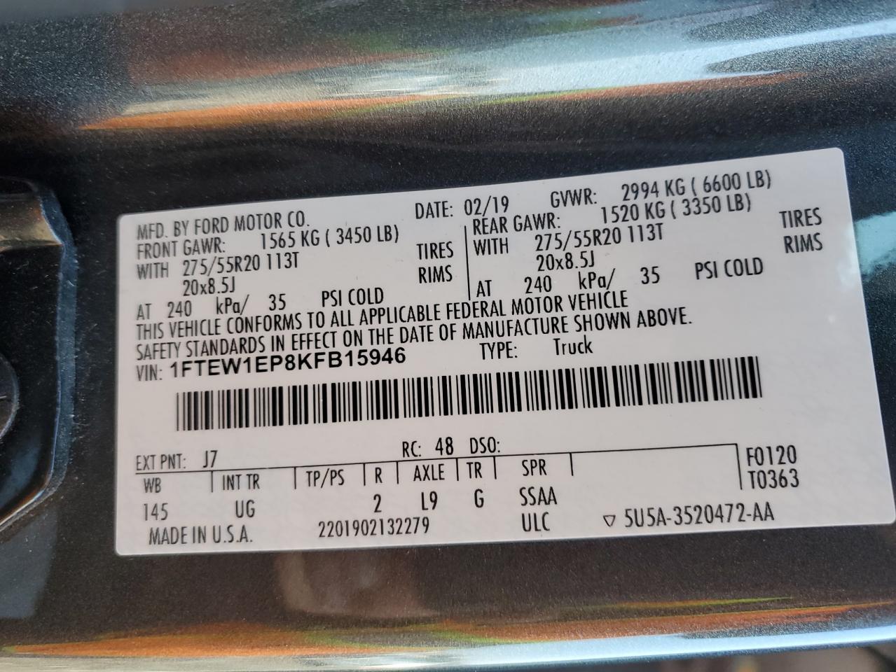 2019 Ford F150 Supercrew VIN: 1FTEW1EP8KFB15946 Lot: 86105184